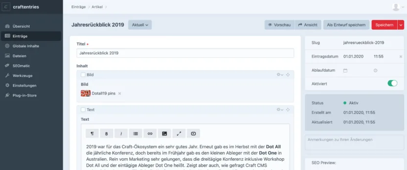 Screenshot einer Eintragsseite in Craft 3.4