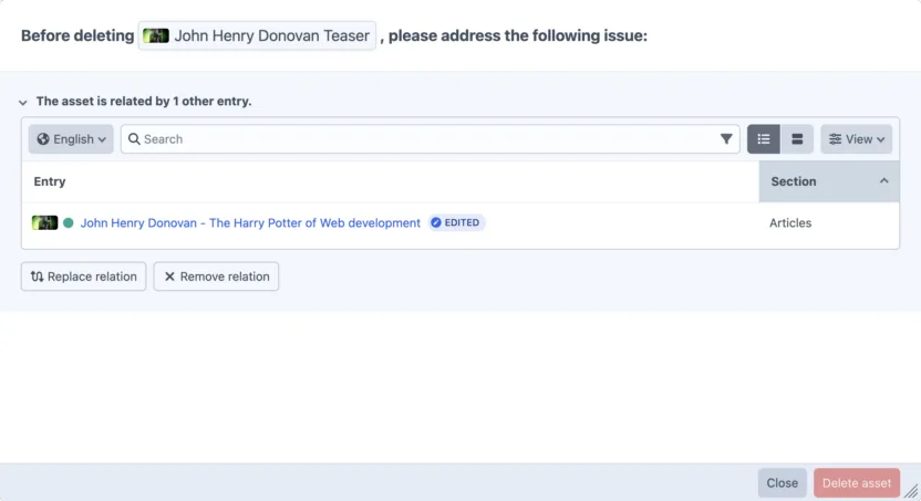Screenshot of the deletion blockers modal.