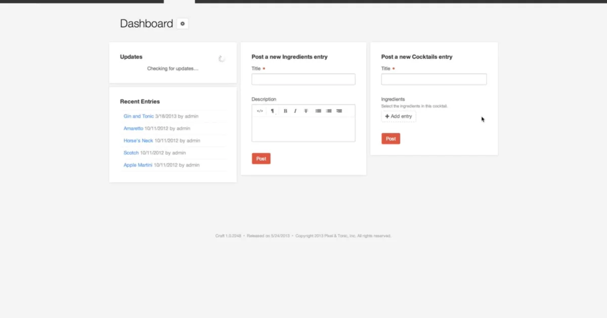Craft CMS 1.0 - Dashboard