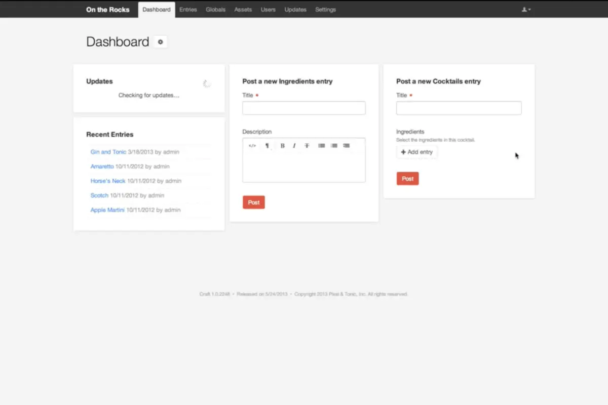 Craft CMS 1.0 - Dashboard